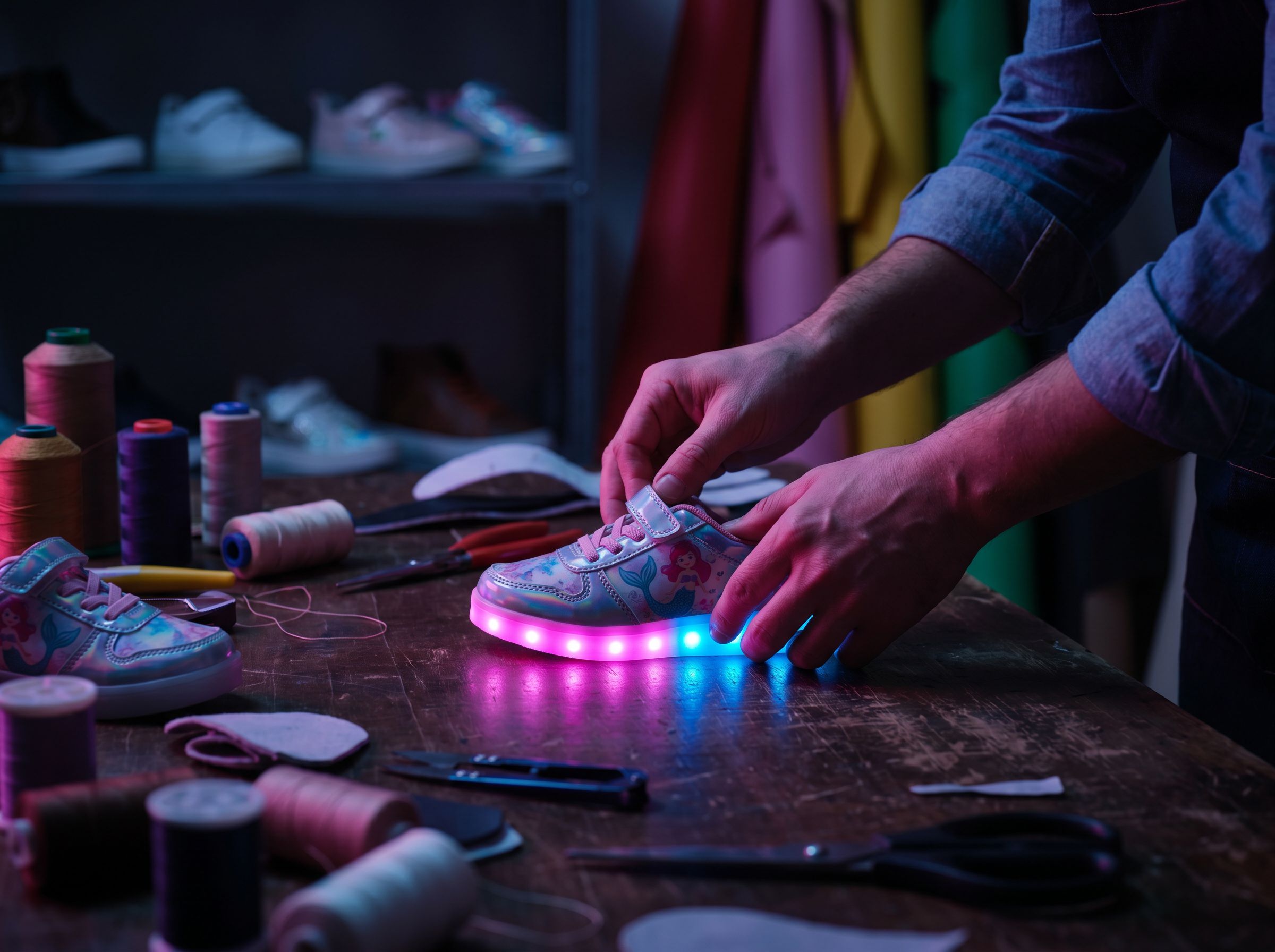 Atmosphère LED — basket sportive vue de côté dans une scène nocturne